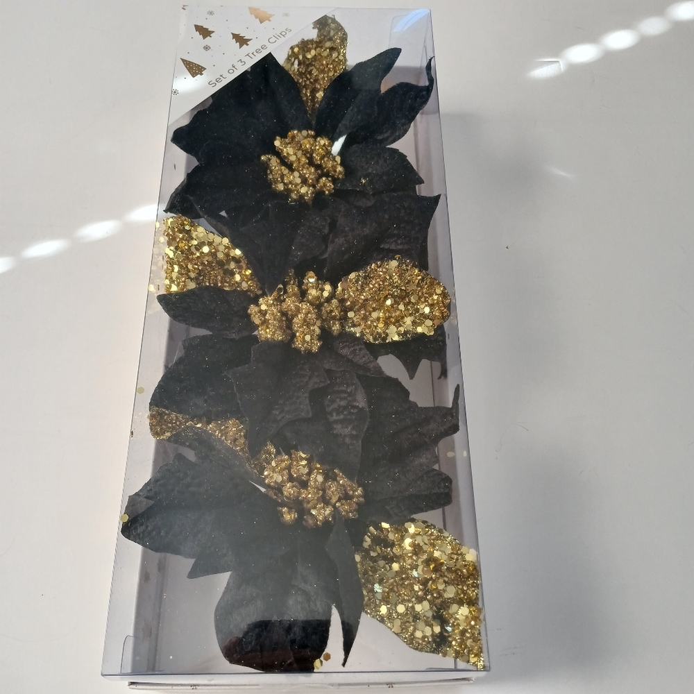 Christmas Velvet Artificial Poinsettia Clip Black and Gold Glitter Set o…